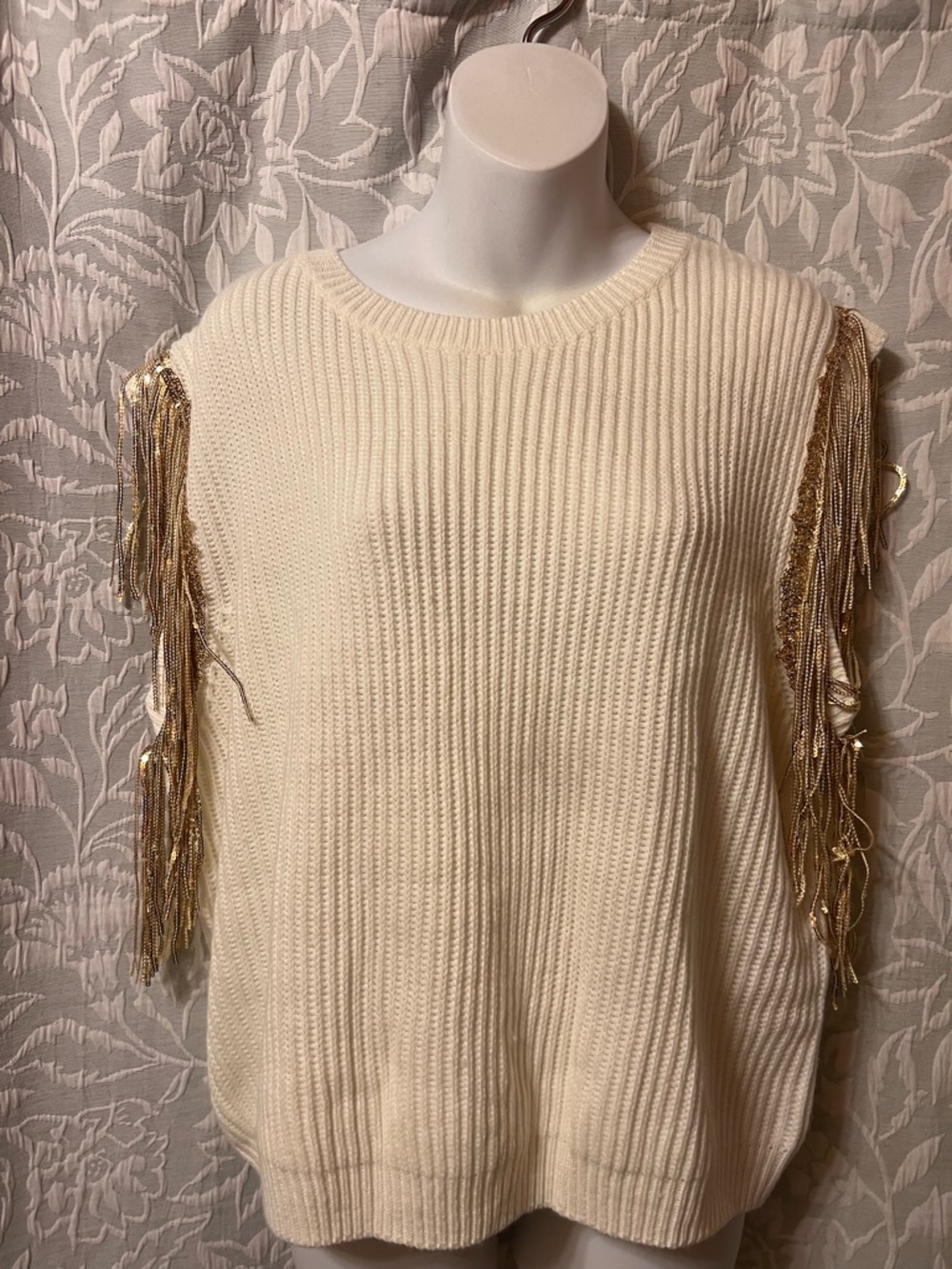 Le Lis Cream Sweater with Gold Fringe Sleeves